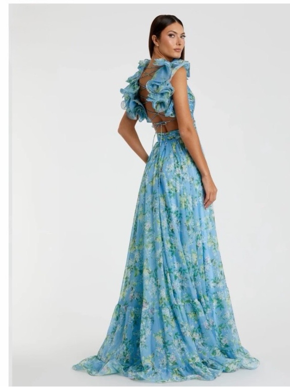 NWT Mac Duggal Blue Ruffle Tiered Floral Cut-Out Chiffon Gown reg $398 size 6 - Picture 5 of 16